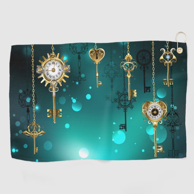 Antique Skeleton Keys on Green Background Golf Towel (Horizontal)
