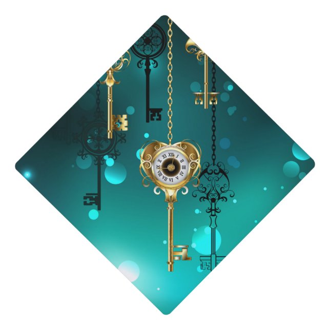 Antique Skeleton Keys on Green Background Graduation Cap Topper (Front)