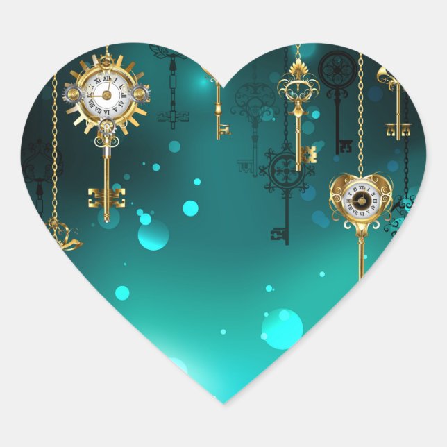 Antique Skeleton Keys on Green Background Heart Sticker (Front)