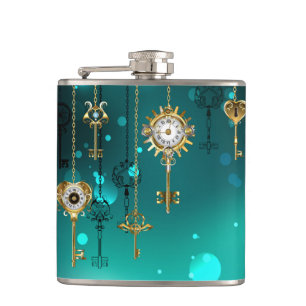 Antique Skeleton Keys on Green Background Hip Flask