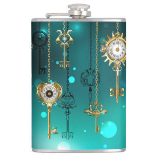 Antique Skeleton Keys on Green Background Hip Flask