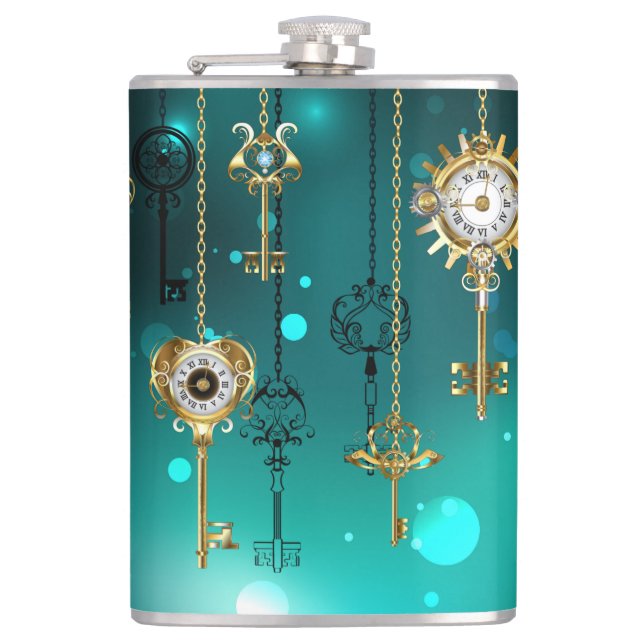 Antique Skeleton Keys on Green Background Hip Flask (Front)