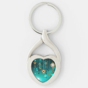 Antique Skeleton Keys on Green Background Keychain