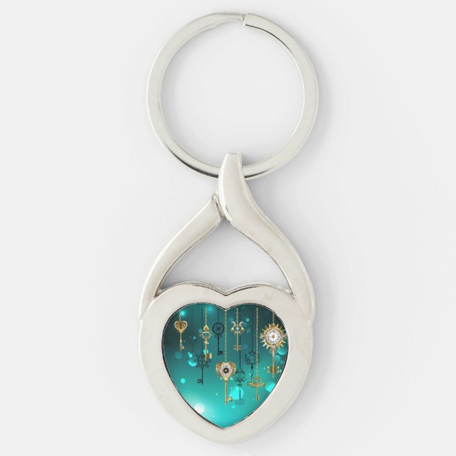 Antique Skeleton Keys on Green Background Keychain (Front)