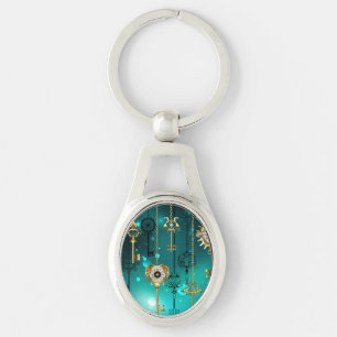 Antique Skeleton Keys on Green Background Keychain