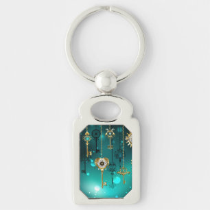 Antique Skeleton Keys on Green Background Keychain