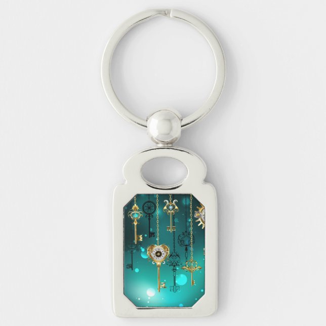 Antique Skeleton Keys on Green Background Keychain (Front)