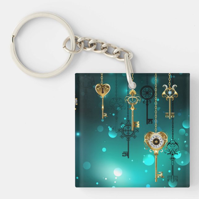 Antique Skeleton Keys on Green Background Keychain (Front)