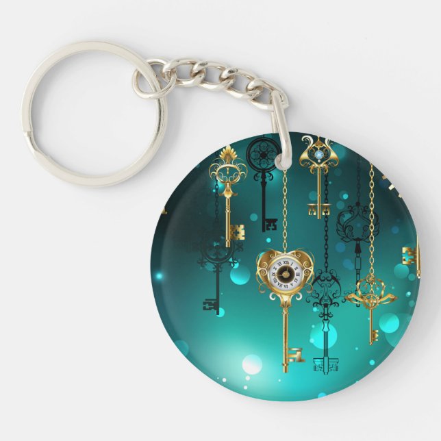 Antique Skeleton Keys on Green Background Keychain (Front)