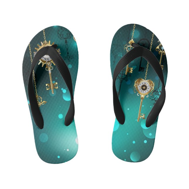Antique Skeleton Keys on Green Background Kid's Flip Flops (Footbed)