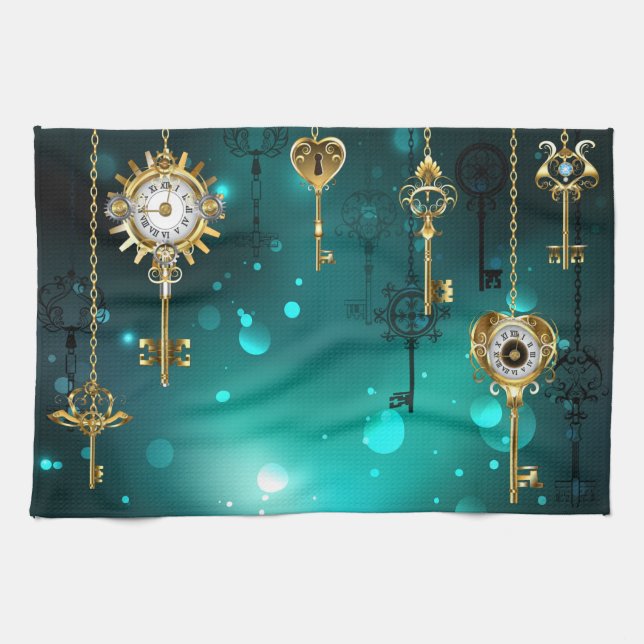Antique Skeleton Keys on Green Background Kitchen Towel (Horizontal)