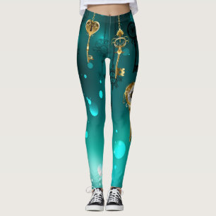 Antique Skeleton Keys on Green Background Leggings