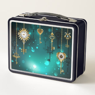 Antique Skeleton Keys on Green Background Metal Lunch Box