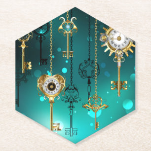 Antique Skeleton Keys on Green Background Paper Coaster