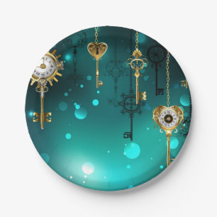 Antique Skeleton Keys on Green Background Paper Plate