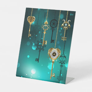 Antique Skeleton Keys on Green Background Pedestal Sign