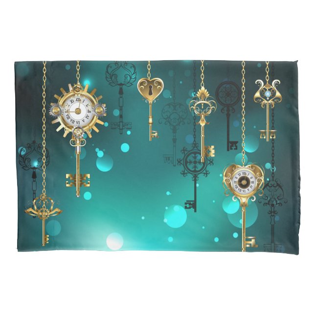 Antique Skeleton Keys on Green Background Pillowcase (Front)