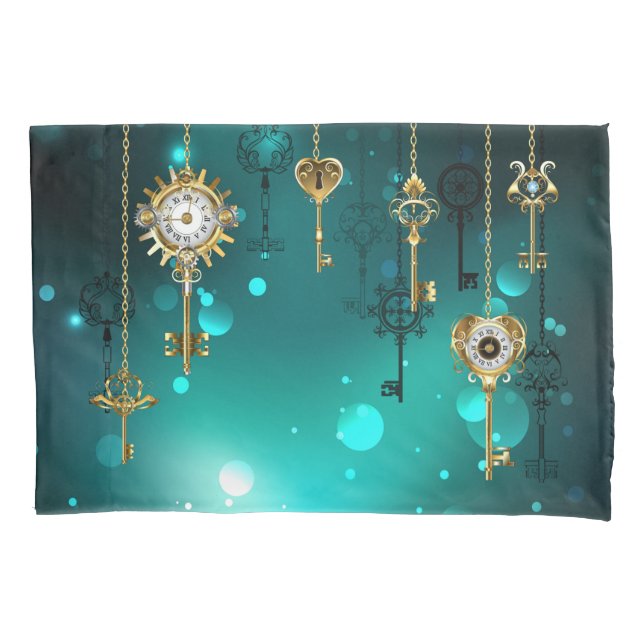 Antique Skeleton Keys on Green Background Pillowcase (Front-Left)