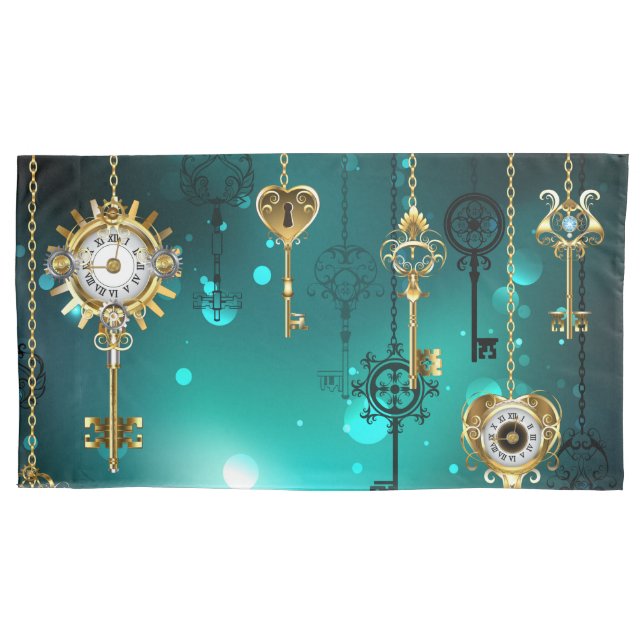 Antique Skeleton Keys on Green Background Pillowcase (Front-Left)