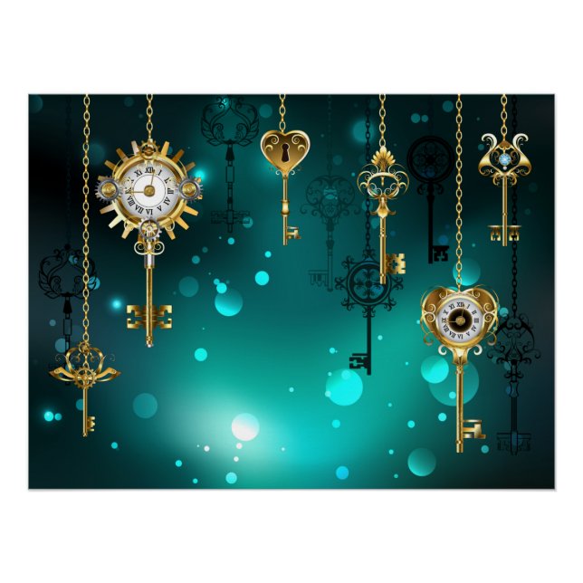 Antique Skeleton Keys on Green Background Poster (Front)