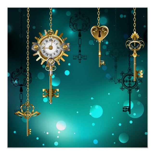Antique Skeleton Keys on Green Background Poster (Front)