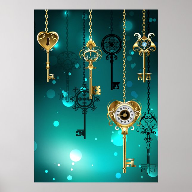 Antique Skeleton Keys on Green Background Poster (Front)