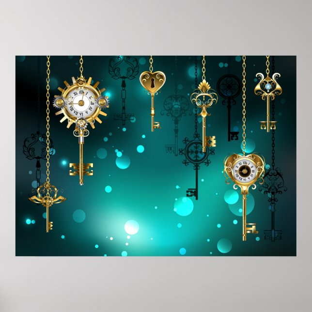 Antique Skeleton Keys on Green Background Poster (Front)