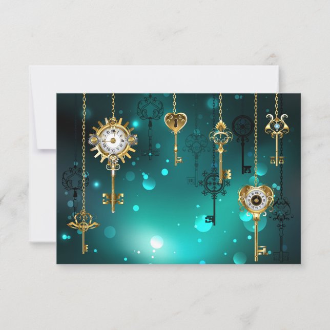 Antique Skeleton Keys on Green Background RSVP Card (Front)