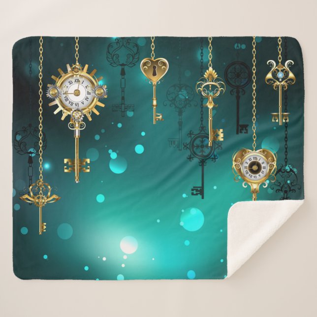 Antique Skeleton Keys on Green Background Sherpa Blanket (Front (Horizontal))