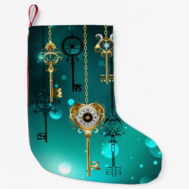 Antique Skeleton Keys on Green Background Small Christmas Stocking (Front)