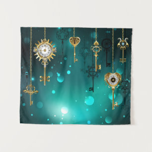 Antique Skeleton Keys on Green Background Tapestry