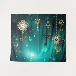 Antique Skeleton Keys on Green Background Tapestry