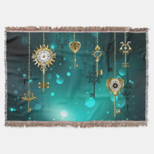 Antique Skeleton Keys on Green Background Throw Blanket