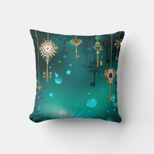 Antique Skeleton Keys on Green Background Throw Pillow