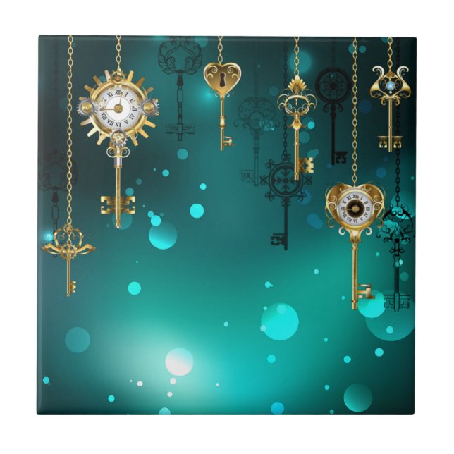 Antique Skeleton Keys on Green Background Tile (Front)
