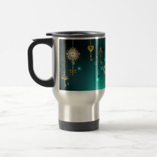 Antique Skeleton Keys on Green Background Travel Mug
