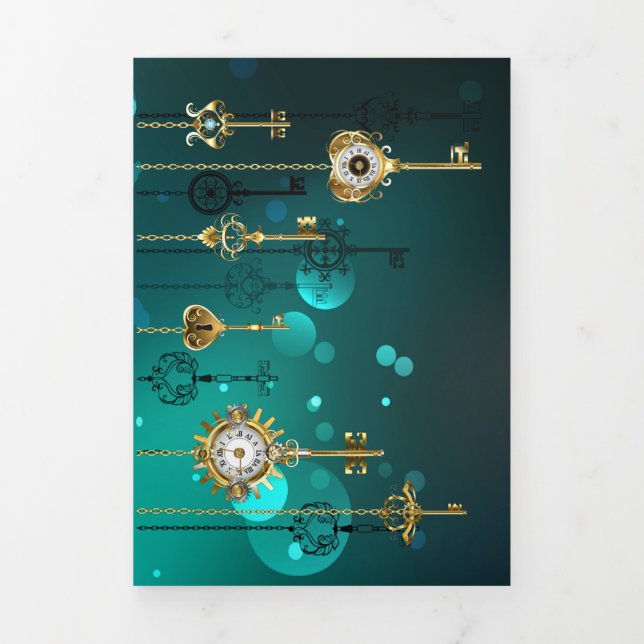 Antique Skeleton Keys on Green Background Tri-Fold Holiday Card (Cover)