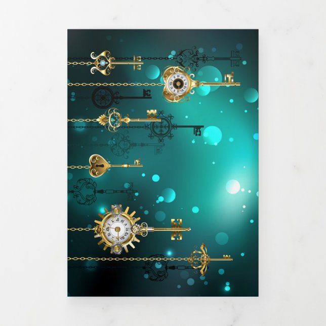 Antique Skeleton Keys on Green Background Tri-Fold Invitation (Cover)