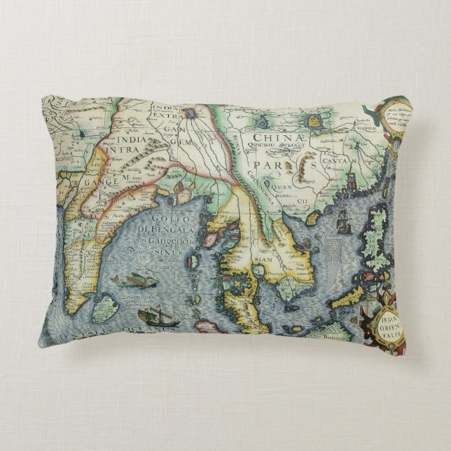 Antique Southeast Asian Map by Mercator / Hondius Accent Pillow (Back)