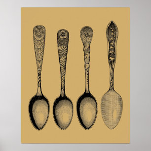 Antique Spoon Silverware Illustrations Poster