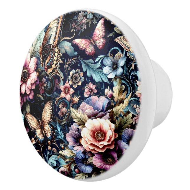 Antique Spring Flowers and Butterflies  Ceramic Knob (Right)