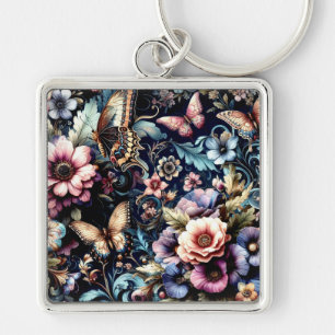 Antique Spring Flowers and Butterflies Keychain