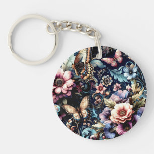 Antique Spring Flowers and Butterflies Keychain