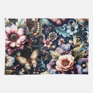 Antique Spring Flowers and Butterflies Kitchen Towel