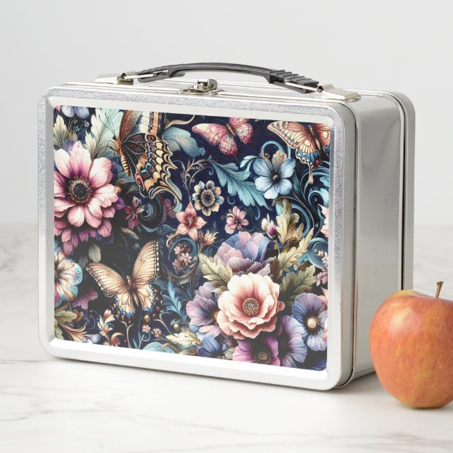 Antique Spring Flowers and Butterflies  Metal Lunch Box (In Situ)