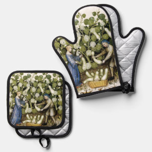 ANTIQUE SQUASH  HARVEST Medieval Miniature Cutting Oven Mitt & Pot Holder Set