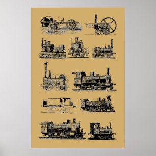 Antique Steam Engine Locomotive "Steampunk" Art Poster
