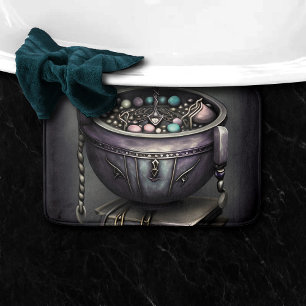 Antique Steampunk Cauldron   Stack of Spellbooks Bath Mat
