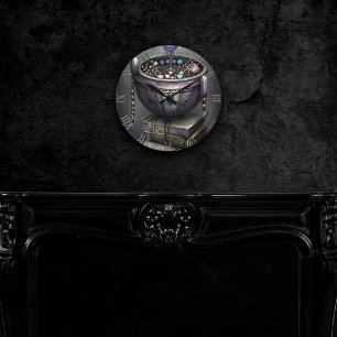 Antique Steampunk Cauldron   Stack of Spellbooks Round Clock
