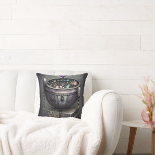 Antique Steampunk Cauldron   Stack of Spellbooks Throw Pillow